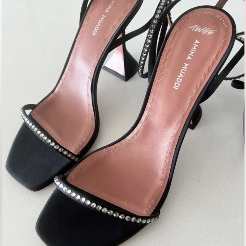 Amina Muaddi AWGE LSD Thigh High
Crystal Sandals Black.